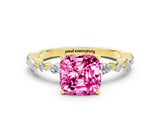 Yellow gold Cushion Cut Pink Sapphire Solitaire with Side Stones on a Pavé Band and Four-Prong Setting_24