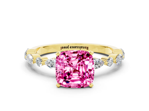 Yellow gold Cushion Cut Pink Sapphire Ring with Marquise and Round  Side Stones and Four-Prong Setting
