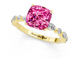 Yellow gold Cushion Cut Pink Sapphire Solitaire with Side Stones on a Pavé Band and Four-Prong Setting_25