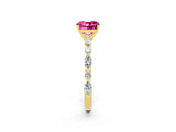 Yellow gold Cushion Cut Pink Sapphire Solitaire with Side Stones on a Pavé Band and Four-Prong Setting_26