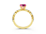 Yellow gold Cushion Cut Pink Sapphire Solitaire with Side Stones on a Pavé Band and Four-Prong Setting_27