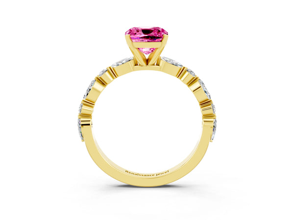 Yellow gold Cushion Cut Pink Sapphire Ring with Marquise and Round  Side Stones and Four-Prong Setting