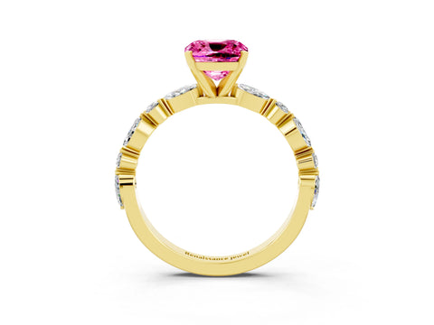 Yellow gold Cushion Cut Pink Sapphire Solitaire with Side Stones on a Pavé Band and Four-Prong Setting_27