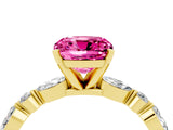 Yellow gold Cushion Cut Pink Sapphire Solitaire with Side Stones on a Pavé Band and Four-Prong Setting_28