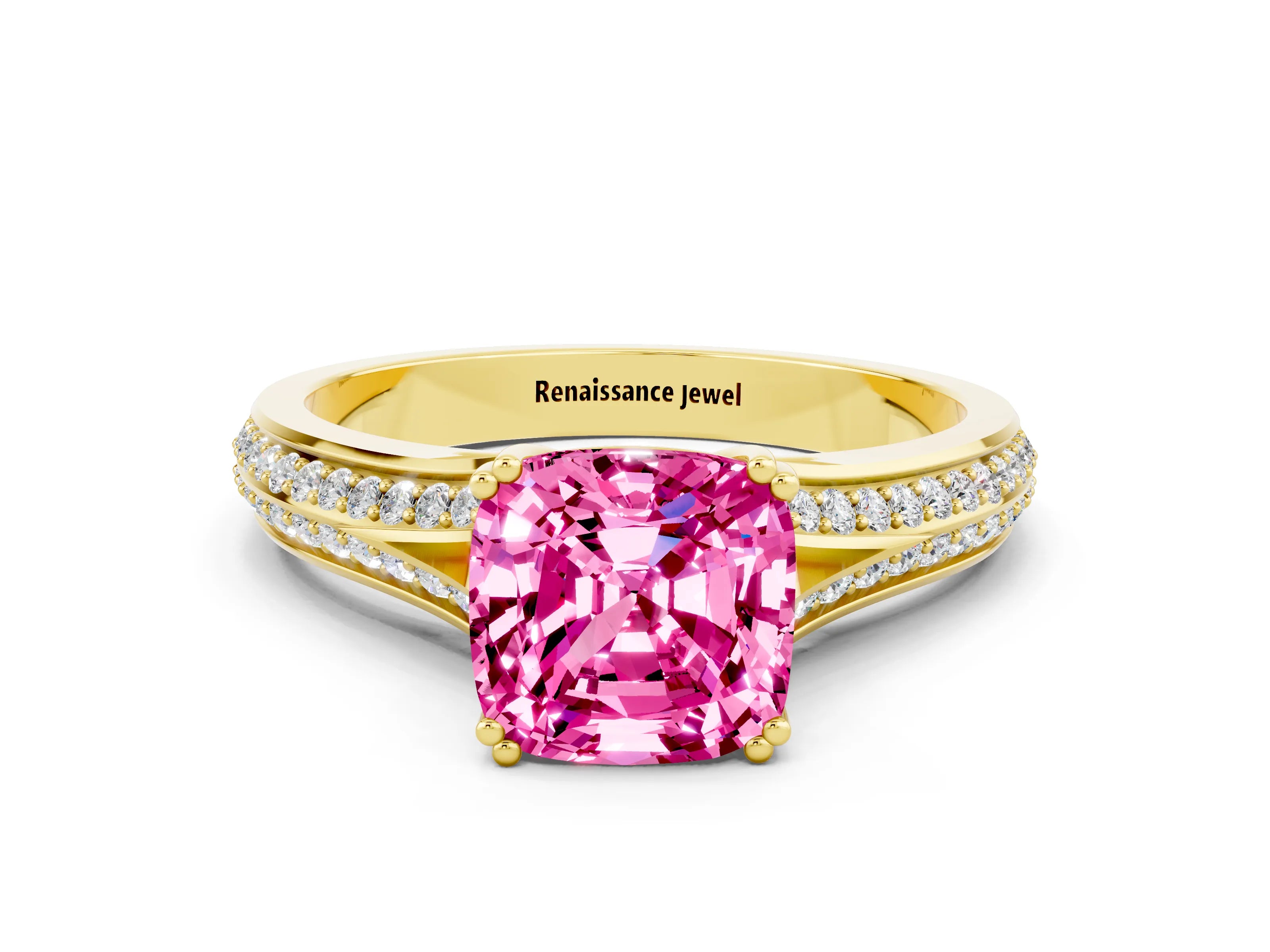 Yellow gold Cushion Cut Pink Sapphire Split Shank Engagement Ring with Pavé Band_24