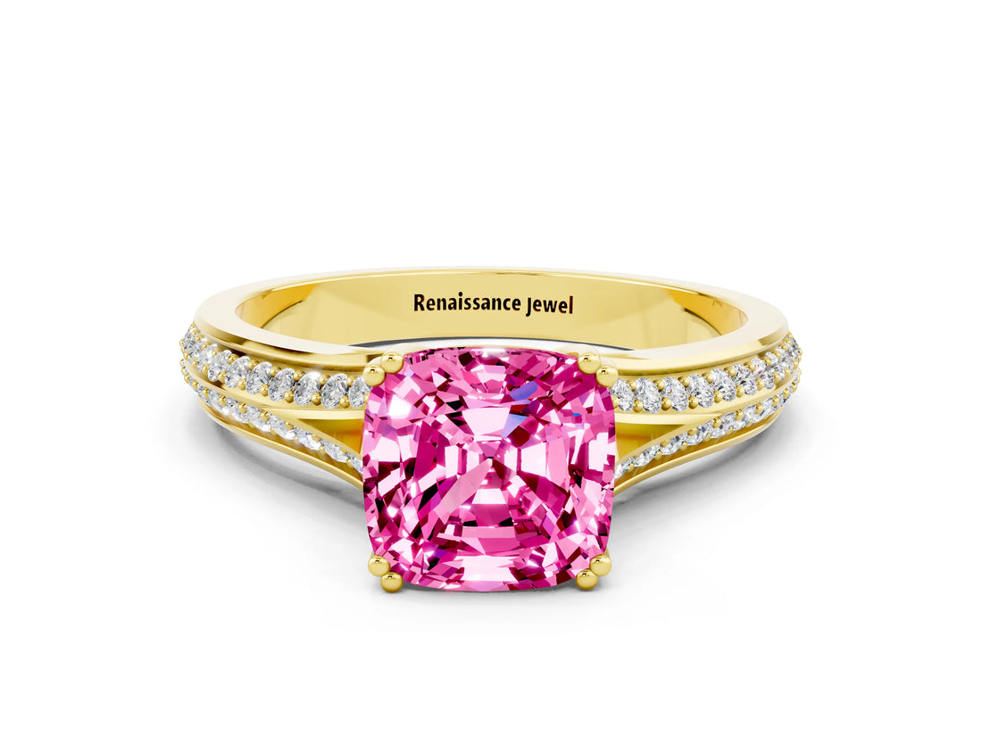 Yellow gold Cushion Cut Pink Sapphire Split Shank Engagement Ring with Pavé Band_24