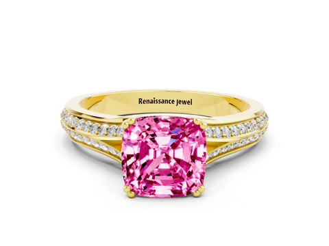 Yellow gold Cushion Cut Pink Sapphire Split Shank Engagement Ring with Pavé Band_24
