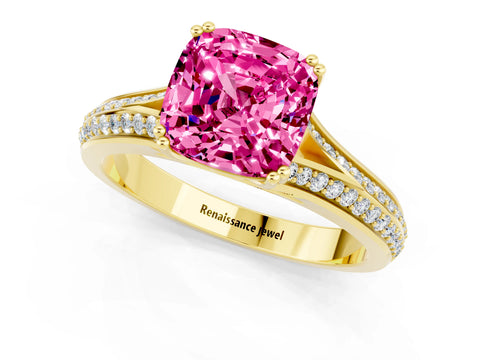 Yellow gold Cushion Cut Pink Sapphire Split Shank Engagement Ring with Pavé Band_25
