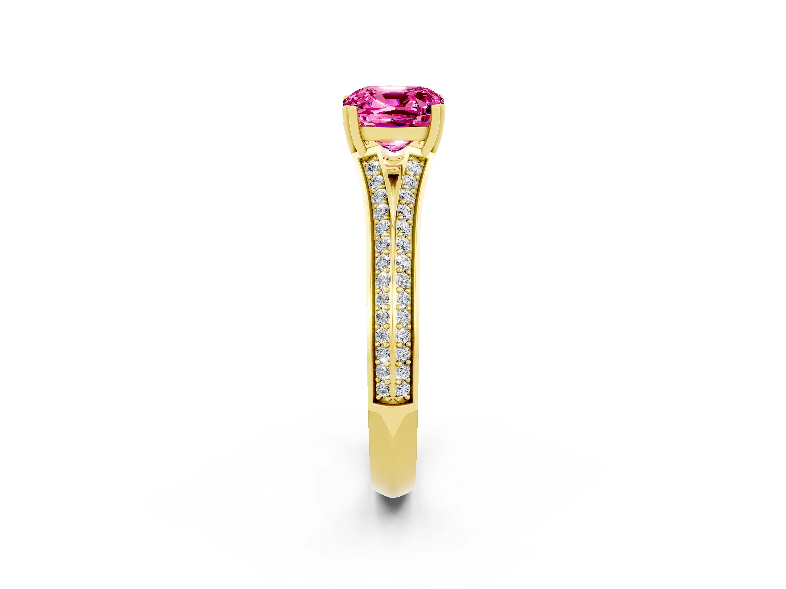 Yellow gold Cushion Cut Pink Sapphire Split Shank Engagement Ring with Pavé Band_26
