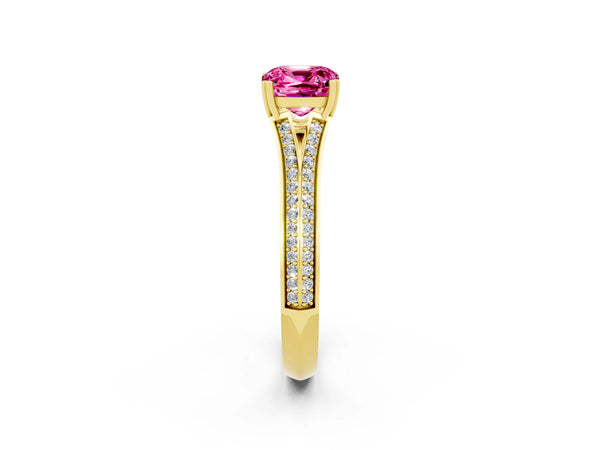 Yellow gold Cushion Cut Pink Sapphire Split Shank Engagement Ring with Pavé Band
