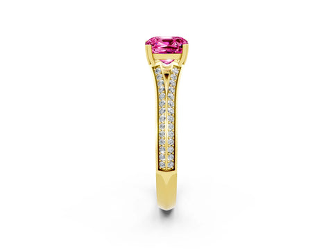 Yellow gold Cushion Cut Pink Sapphire Split Shank Engagement Ring with Pavé Band_26