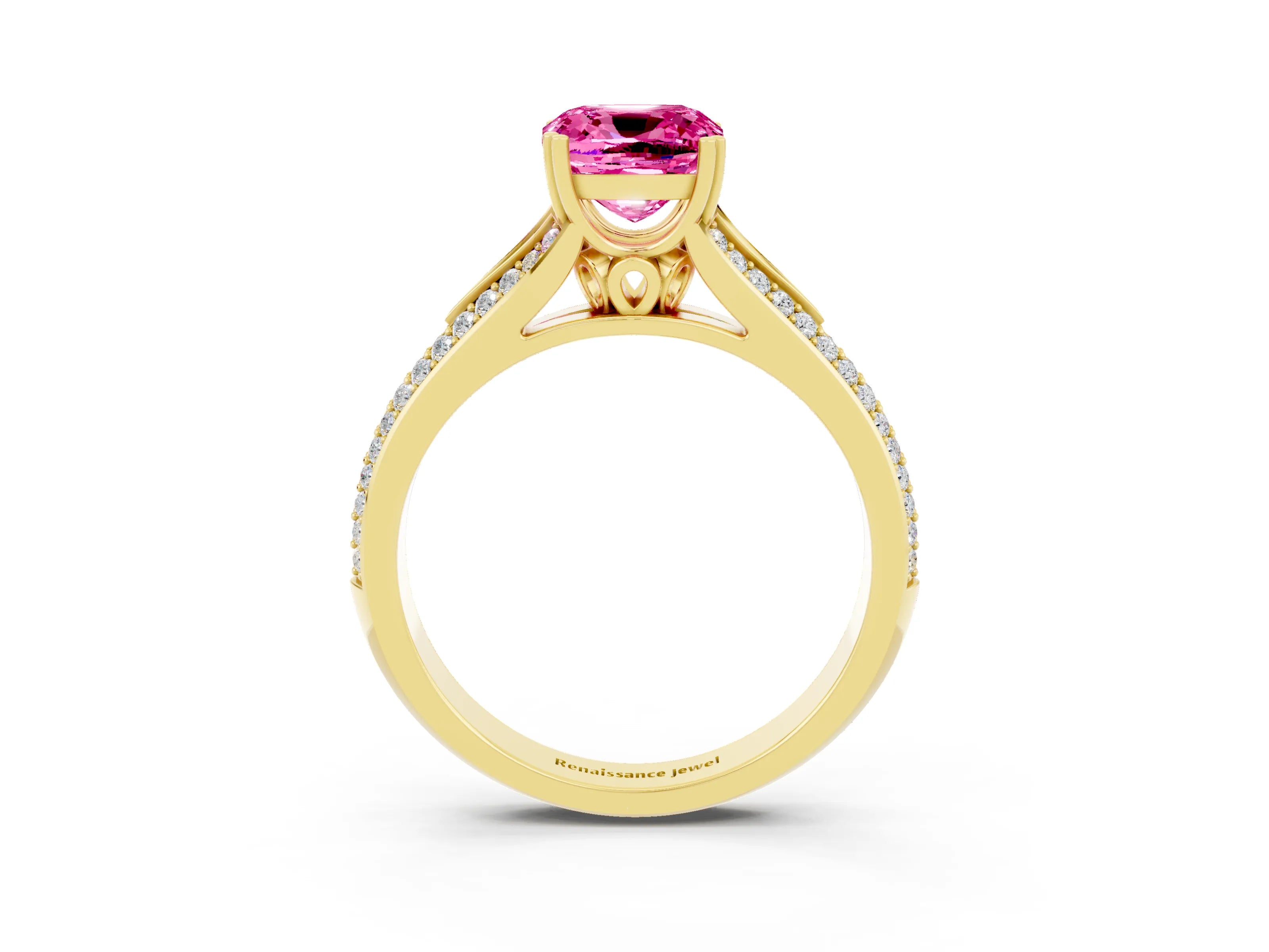Yellow gold Cushion Cut Pink Sapphire Split Shank Engagement Ring with Pavé Band_27