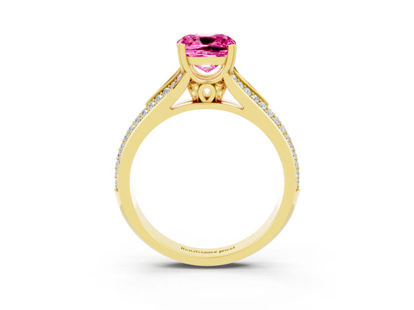 Yellow gold Cushion Cut Pink Sapphire Split Shank Engagement Ring with Pavé Band