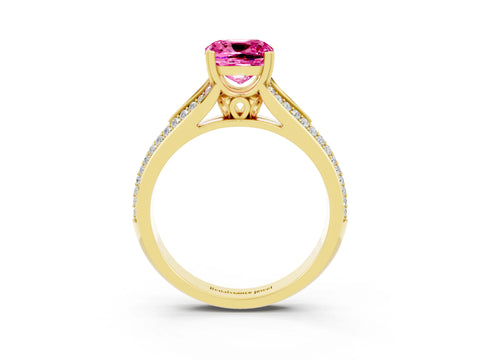 Yellow gold Cushion Cut Pink Sapphire Split Shank Engagement Ring with Pavé Band_27