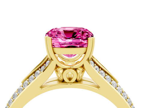 Yellow gold Cushion Cut Pink Sapphire Split Shank Engagement Ring with Pavé Band_28