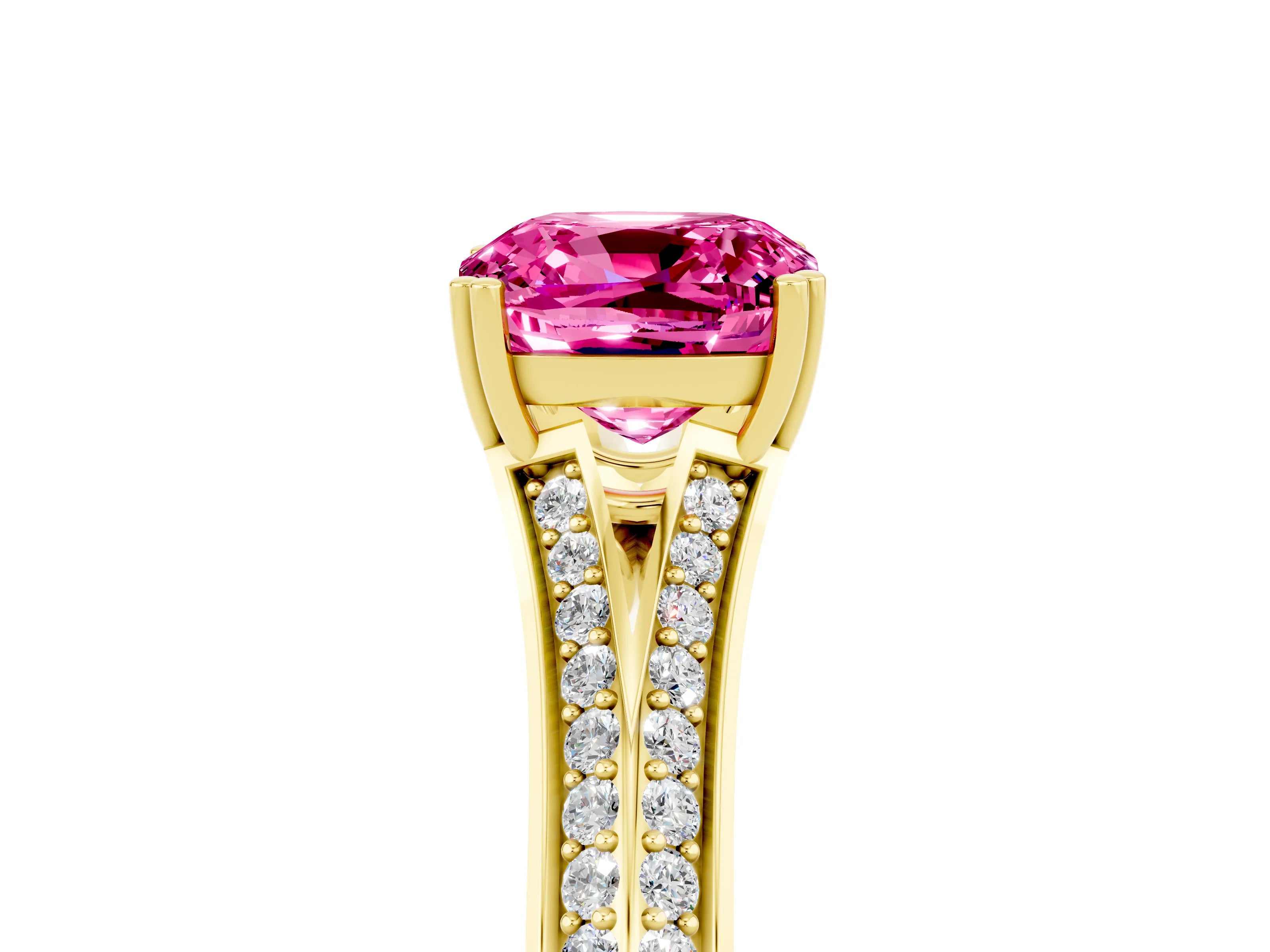Yellow gold Cushion Cut Pink Sapphire Split Shank Engagement Ring with Pavé Band_29