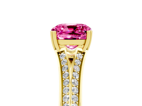 Yellow gold Cushion Cut Pink Sapphire Split Shank Engagement Ring with Pavé Band_29