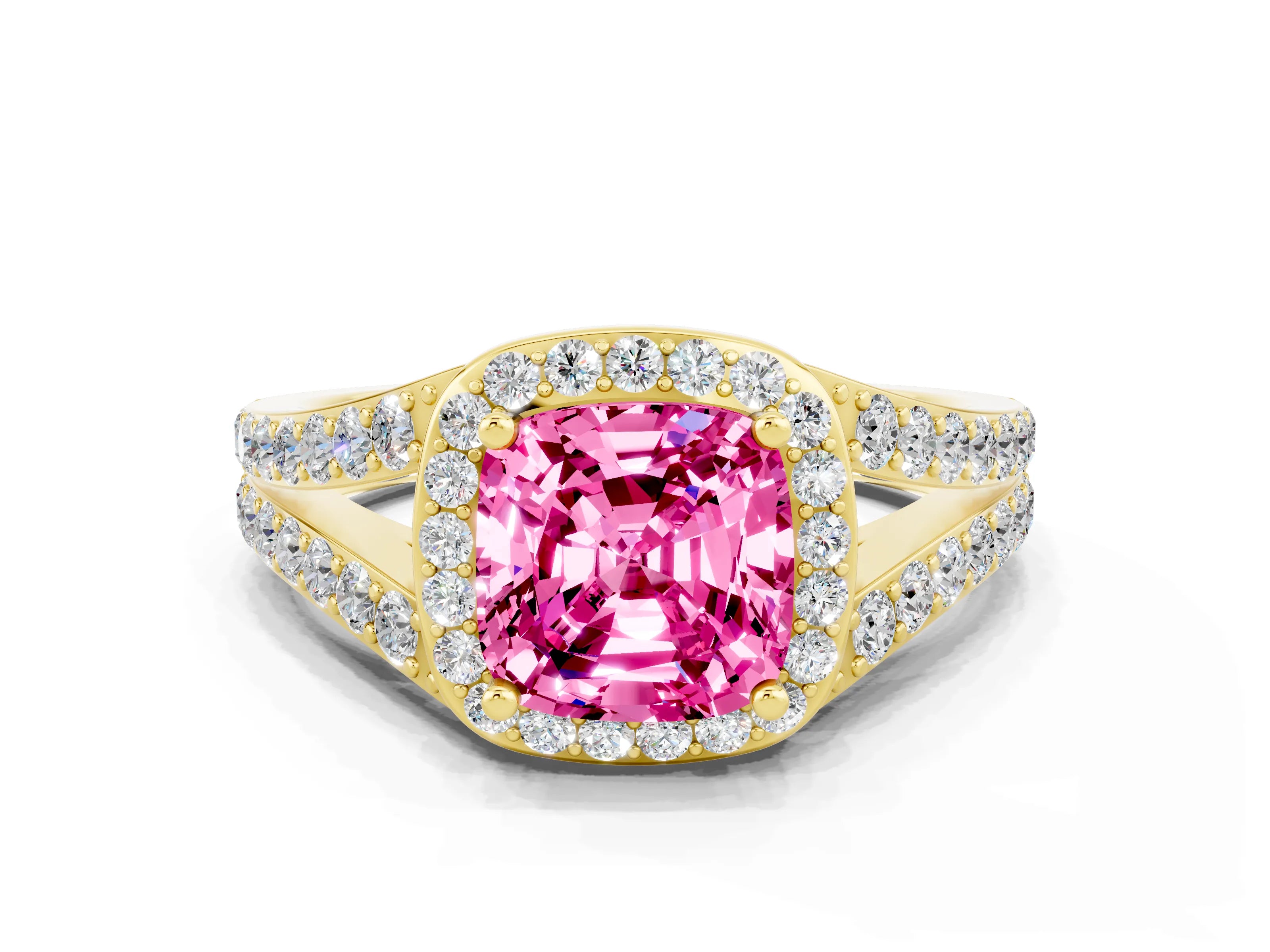 Yellow gold Cushion Cut Pink Sapphire Split Shank Halo Ring with Four-Prong Setting_12
