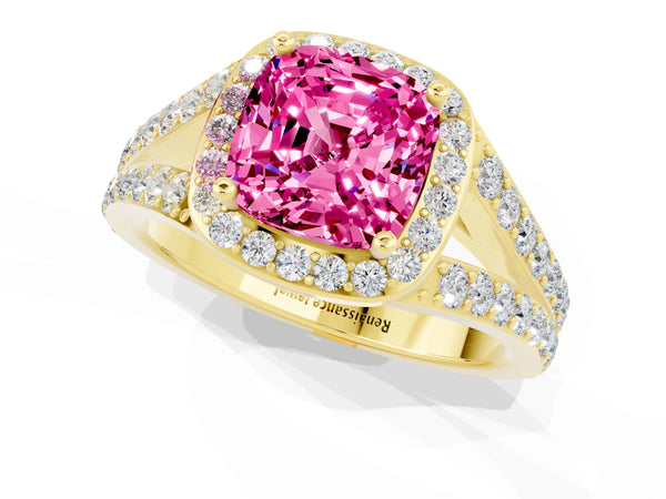 Yellow gold Cushion Cut Pink Sapphire Split Shank Halo Ring with Four-Prong Setting