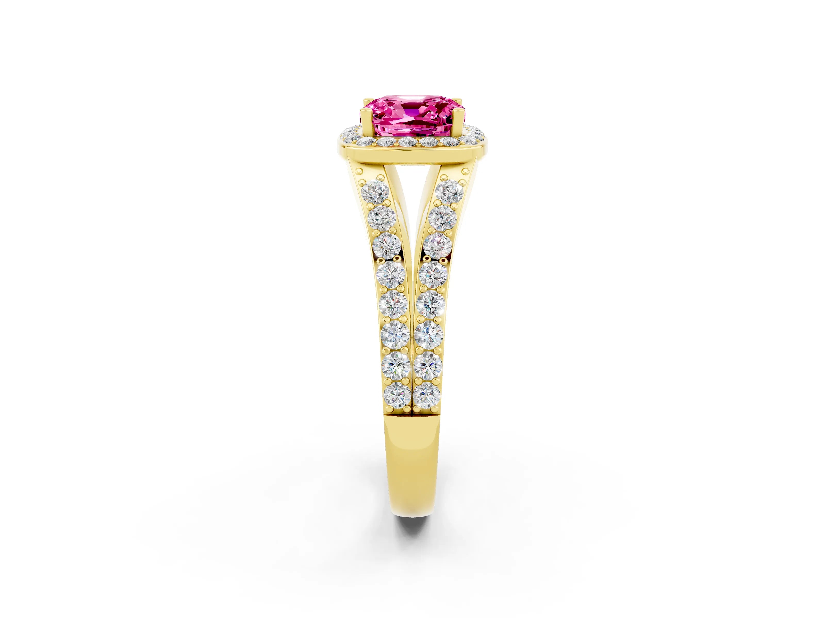 Yellow gold Cushion Cut Pink Sapphire Split Shank Halo Ring with Four-Prong Setting_14