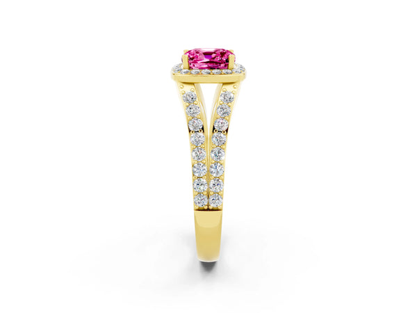 Yellow gold Cushion Cut Pink Sapphire Split Shank Halo Ring with Four-Prong Setting