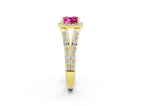 Yellow gold Cushion Cut Pink Sapphire Split Shank Halo Ring with Four-Prong Setting_14