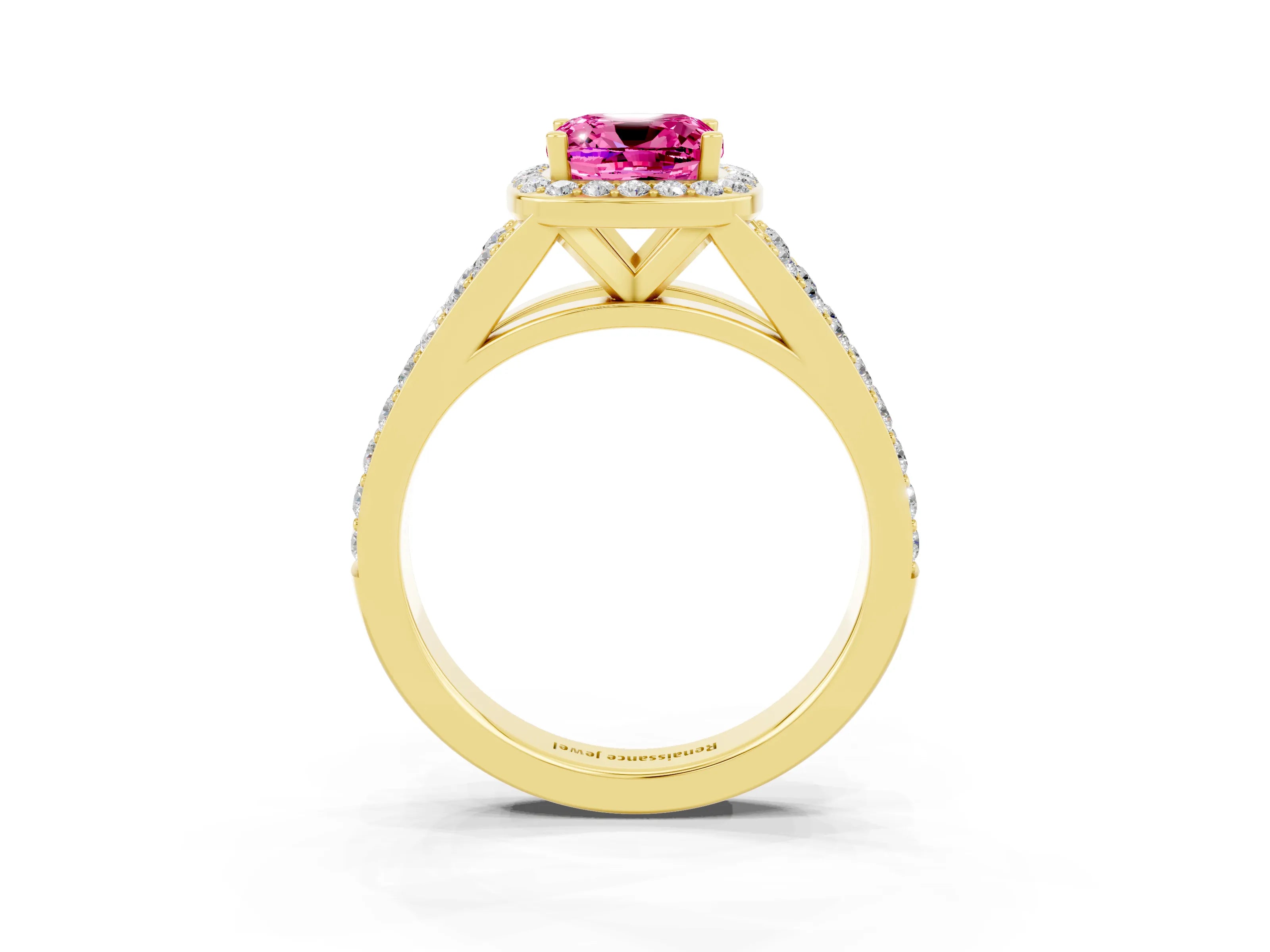 Yellow gold Cushion Cut Pink Sapphire Split Shank Halo Ring with Four-Prong Setting_15