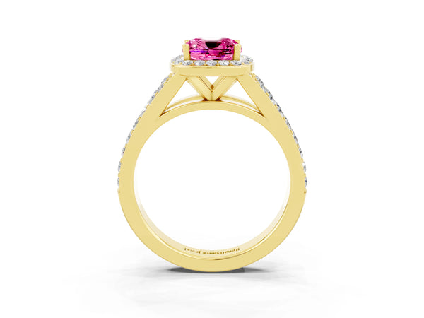 Yellow gold Cushion Cut Pink Sapphire Split Shank Halo Ring with Four-Prong Setting