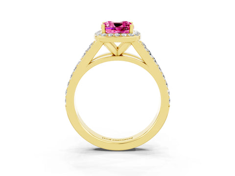 Yellow gold Cushion Cut Pink Sapphire Split Shank Halo Ring with Four-Prong Setting_15