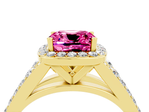 Yellow gold Cushion Cut Pink Sapphire Split Shank Halo Ring with Four-Prong Setting_16