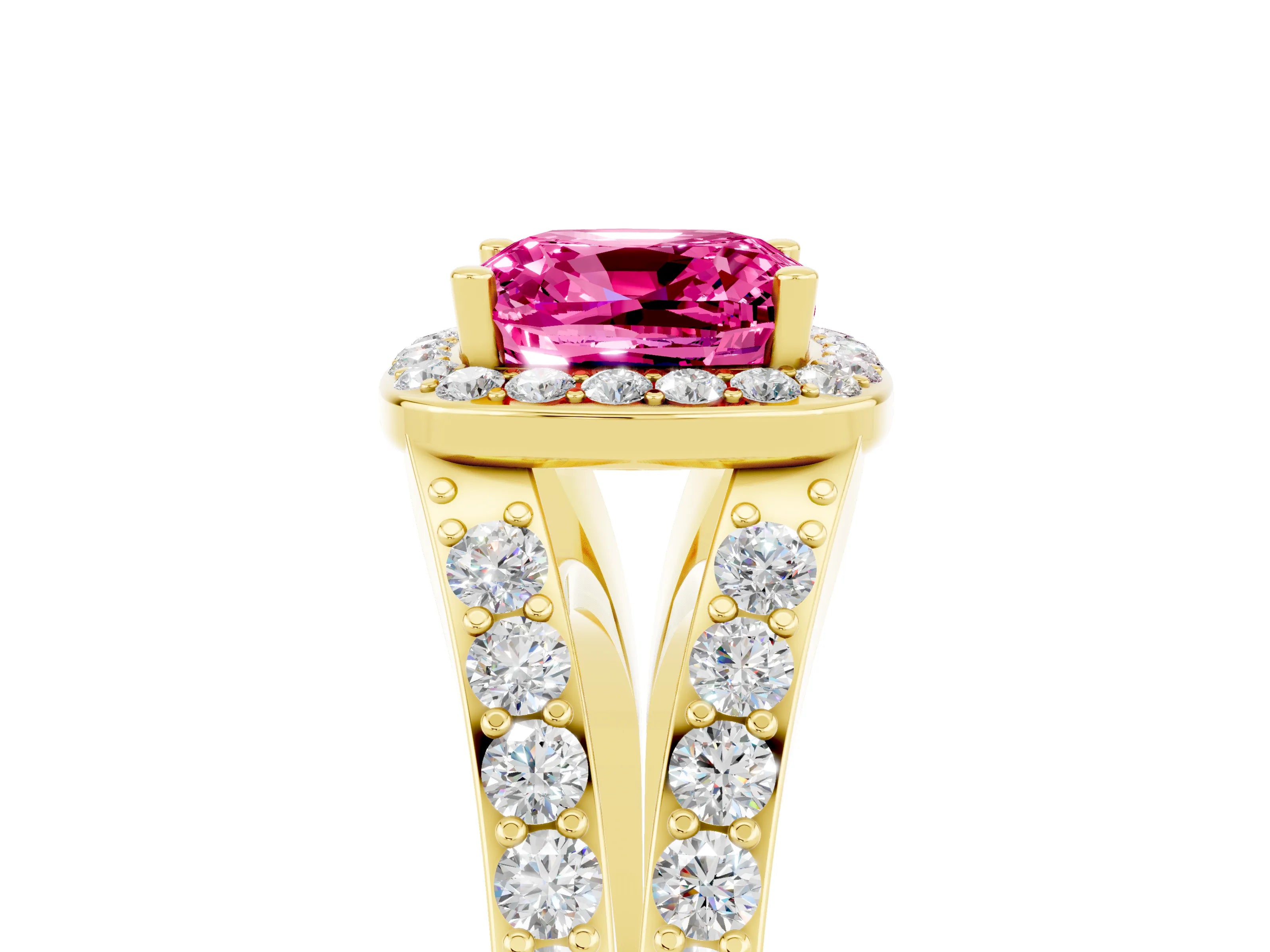 Yellow gold Cushion Cut Pink Sapphire Split Shank Halo Ring with Four-Prong Setting_17