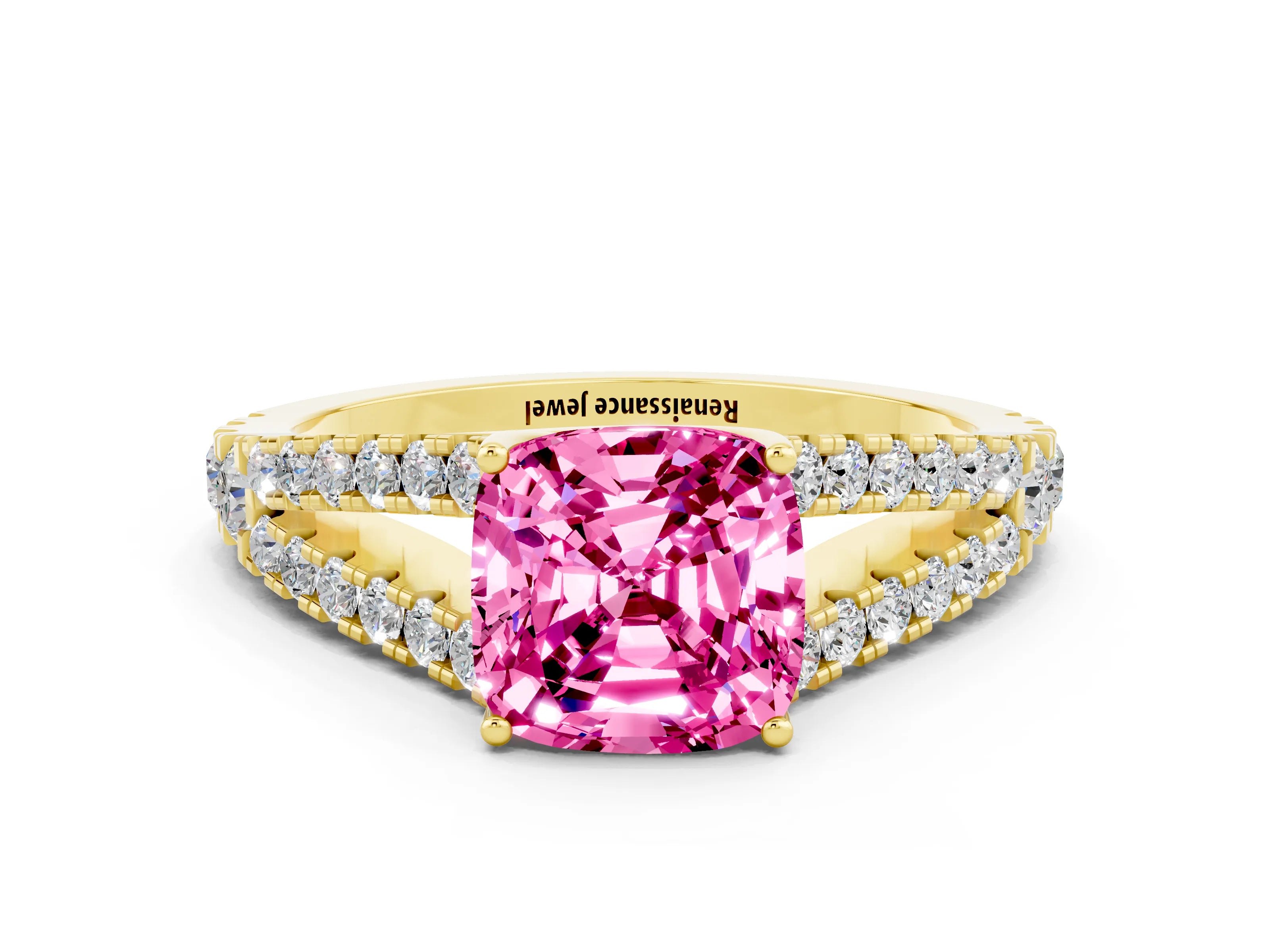 Yellow gold Cushion Cut Pink Sapphire Split Shank Pavé Engagement Ring with Four-Prong Setting_12