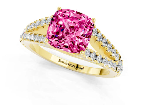 Yellow gold Cushion Cut Pink Sapphire Split Shank Pavé Engagement Ring with Four-Prong Setting_13