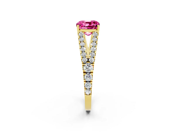 Yellow gold Cushion Cut Pink Sapphire Split Shank Pavé Engagement Ring with Four-Prong Setting