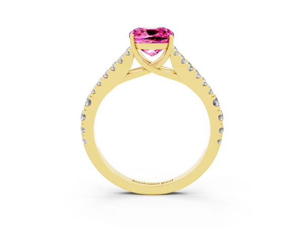 Yellow gold Cushion Cut Pink Sapphire Split Shank Pavé Engagement Ring with Four-Prong Setting