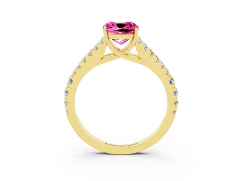 Yellow gold Cushion Cut Pink Sapphire Split Shank Pavé Engagement Ring with Four-Prong Setting_15