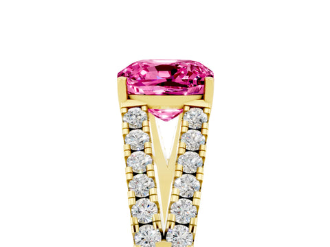 Yellow gold Cushion Cut Pink Sapphire Split Shank Pavé Engagement Ring with Four-Prong Setting_17