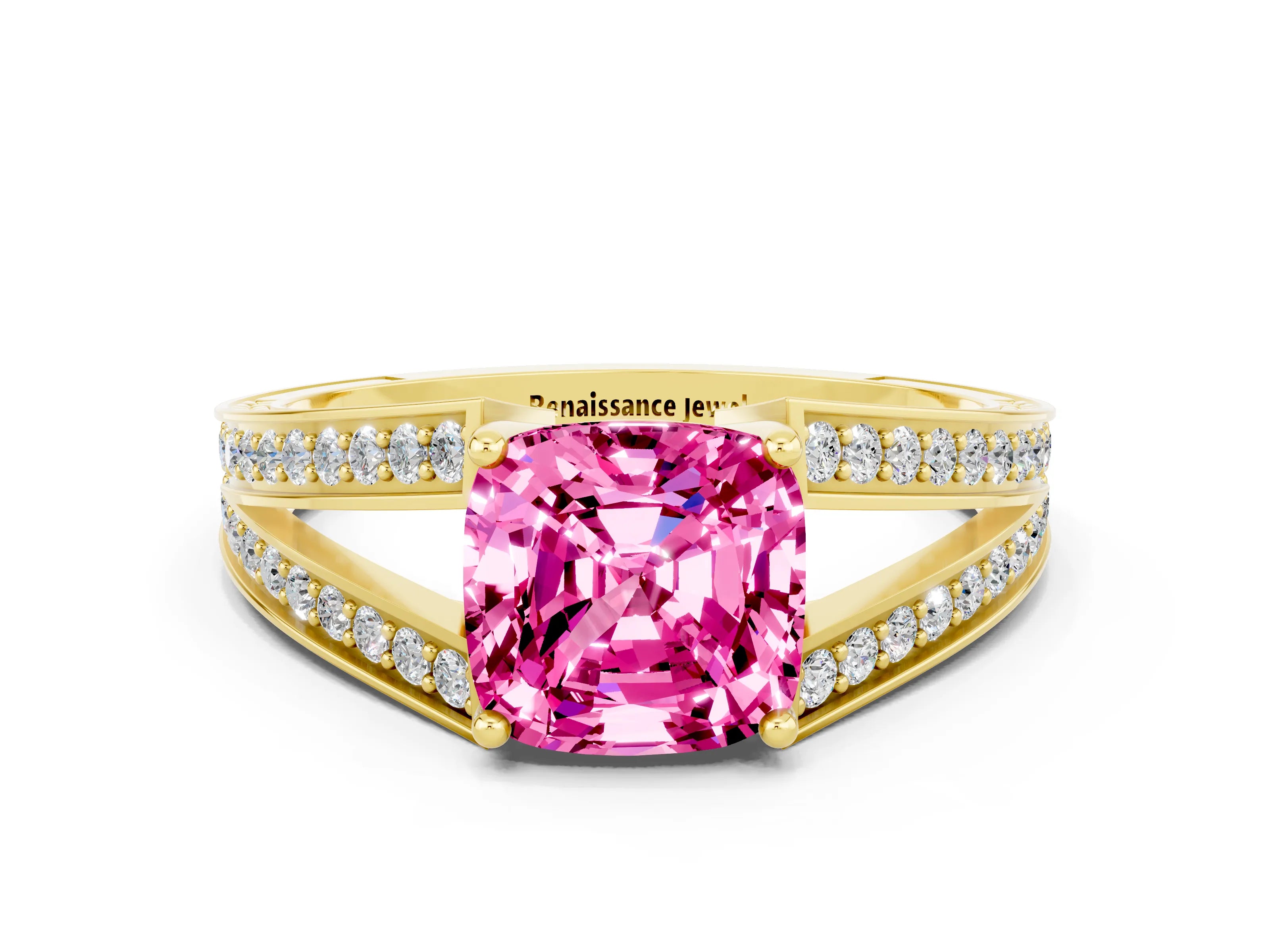 Yellow gold Cushion Cut Pink Sapphire Split Shank Ring with Pavé Band and Four-Prong Setting