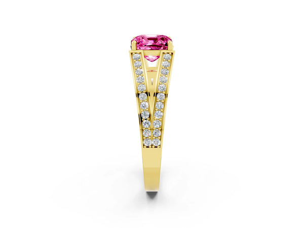 Yellow gold Cushion Cut Pink Sapphire Split Shank Ring with Pavé Band and Four-Prong Setting