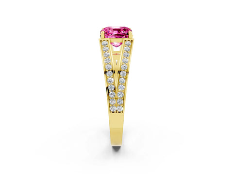 Yellow gold Cushion Cut Pink Sapphire Split Shank Ring with Pavé Band and Four-Prong Setting_2