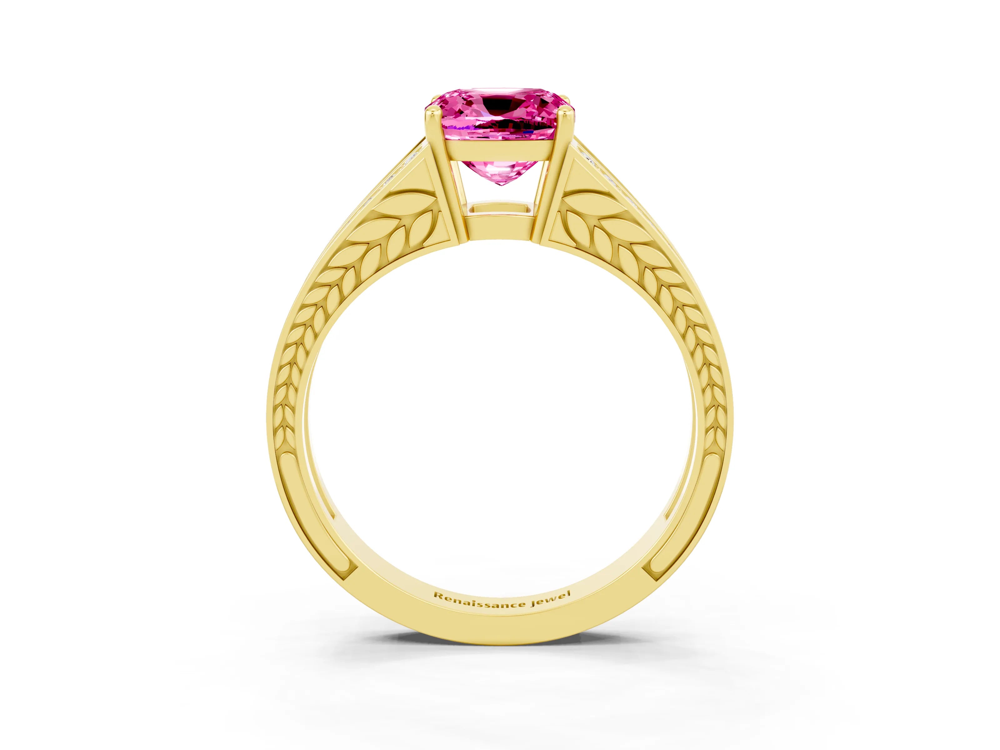 Yellow gold Cushion Cut Pink Sapphire Split Shank Ring with Pavé Band and Four-Prong Setting_3