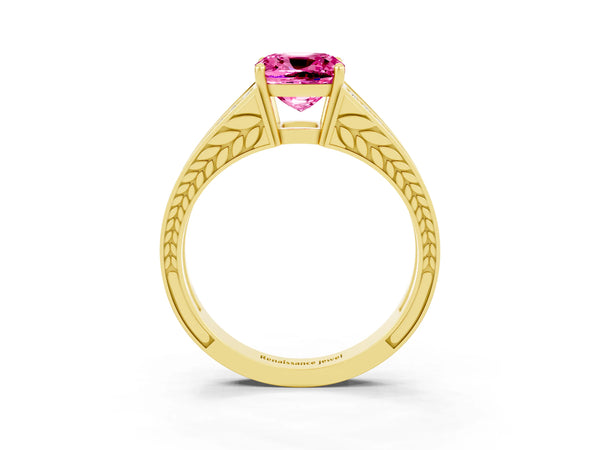 Yellow gold Cushion Cut Pink Sapphire Split Shank Ring with Pavé Band and Four-Prong Setting