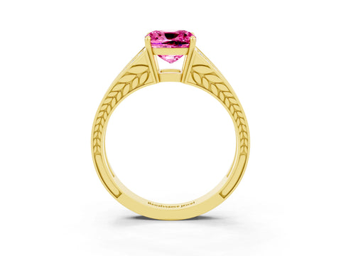 Yellow gold Cushion Cut Pink Sapphire Split Shank Ring with Pavé Band and Four-Prong Setting_3