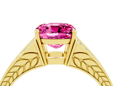 Yellow gold Cushion Cut Pink Sapphire Split Shank Ring with Pavé Band and Four-Prong Setting_4