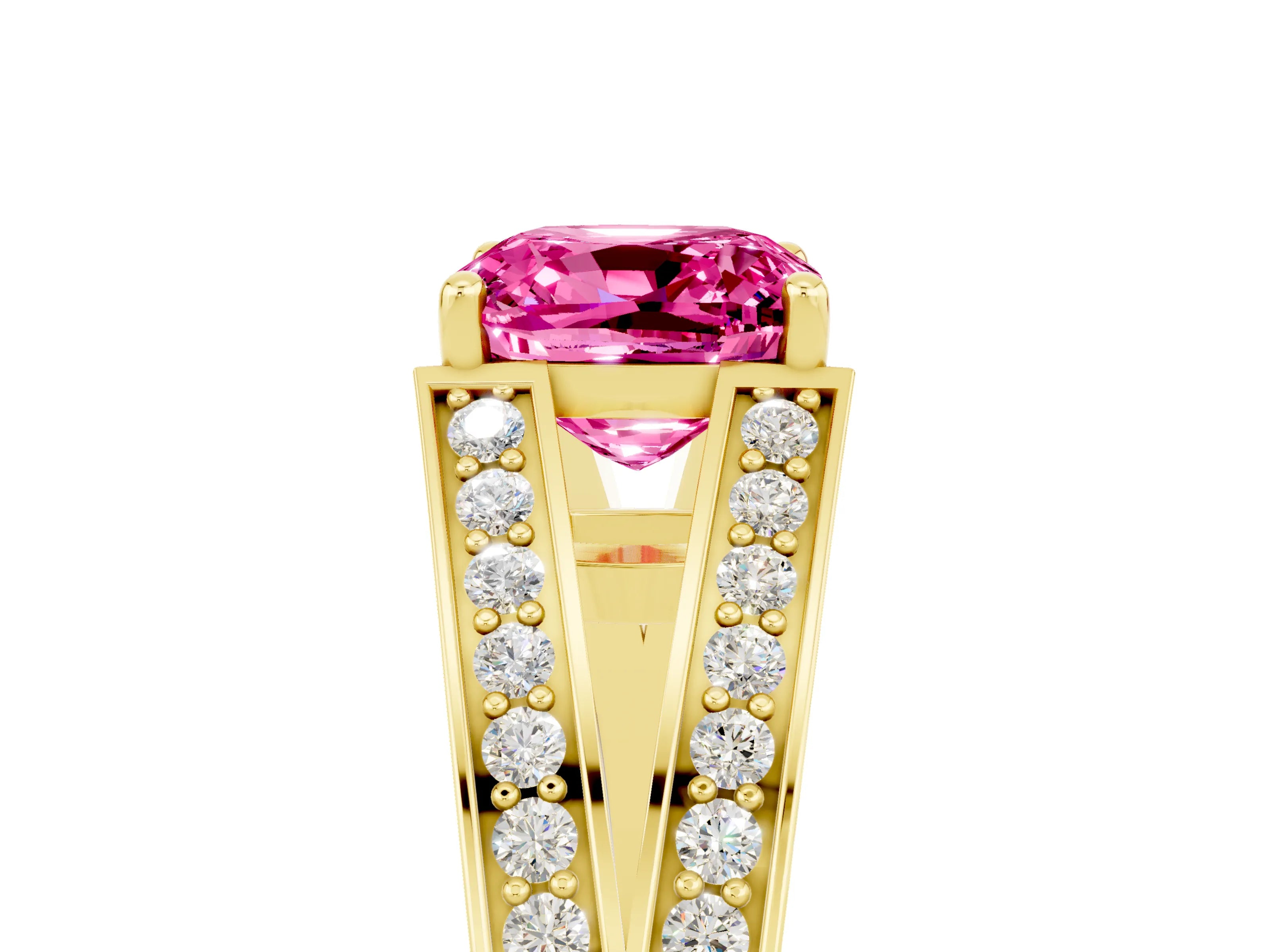 Yellow gold Cushion Cut Pink Sapphire Split Shank Ring with Pavé Band and Four-Prong Setting_5