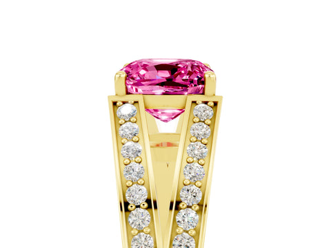 Yellow gold Cushion Cut Pink Sapphire Split Shank Ring with Pavé Band and Four-Prong Setting_5
