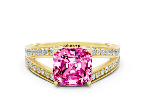 Yellow gold Cushion Cut Pink Sapphire Split Shank Ring with Pavé Band and Four-Prong Setting