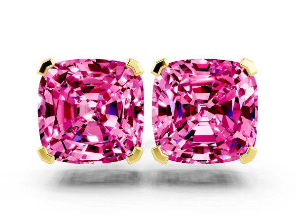 Yellow gold Cushion Cut Pink Sapphire Stud Earrings