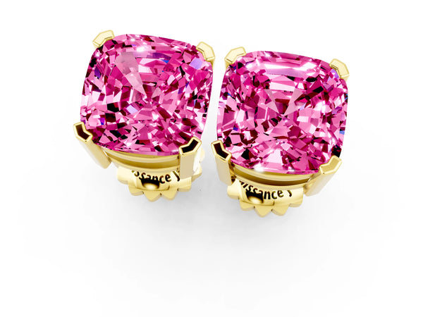 Yellow gold Cushion Cut Pink Sapphire Stud Earrings