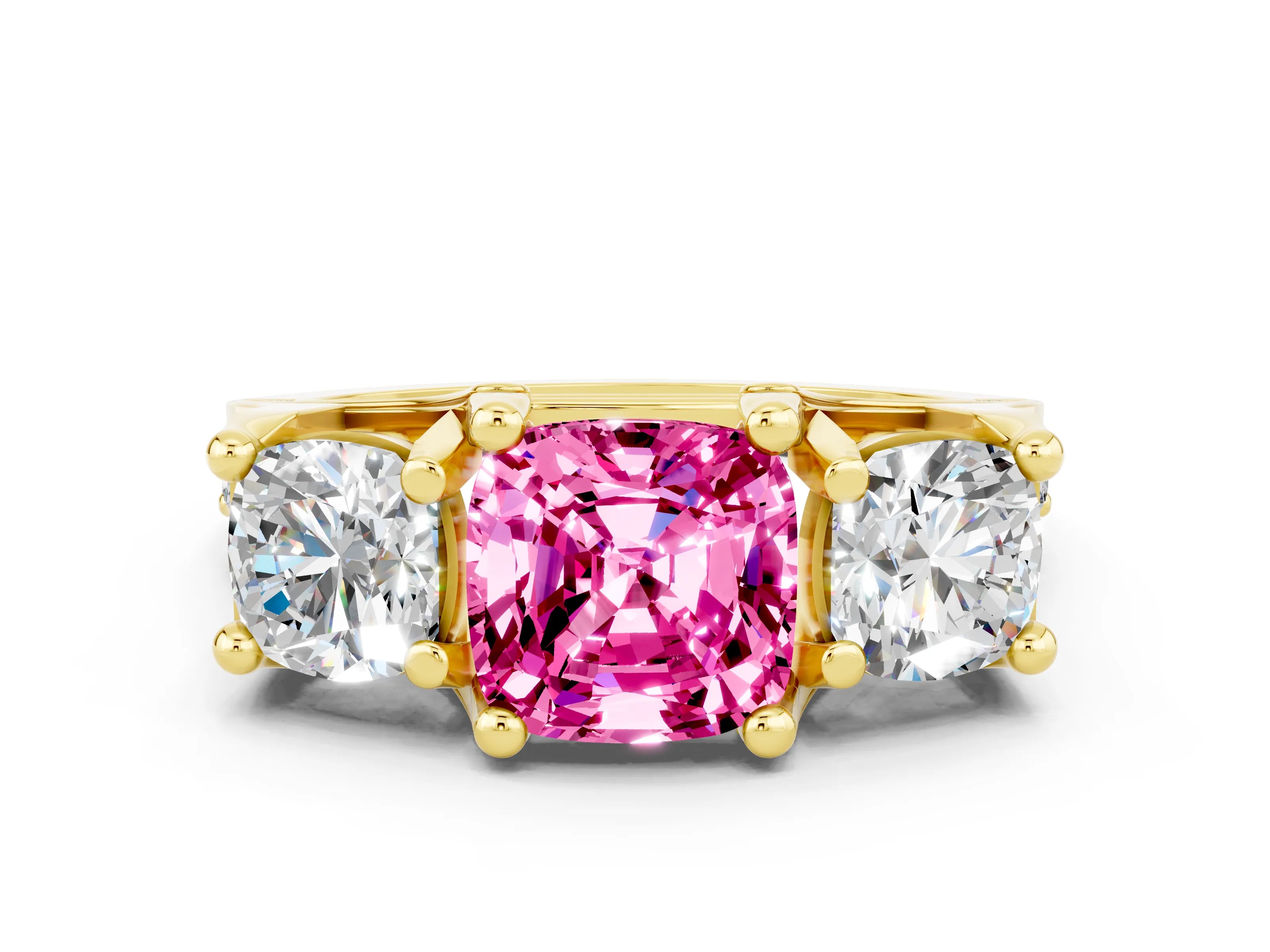 Yellow gold Cushion Cut Pink Sapphire Three-Stone Ring with Channel Set Band and Four-Prong Setting